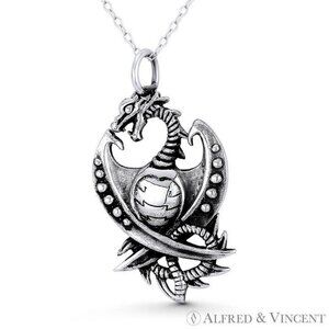 Fantasy Mecha Dragon Gothic Charm Pendant in Oxidized .925 Sterling Silver